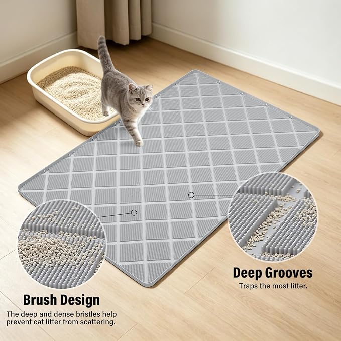 Silicone Cat Litter Mat 34" x 22" Cat Mat for Litter Box with Surface Brush | Extra Large Cat Litter Box Mat for Scatter Control, Non-Slip, Waterproof Cat Litter Mat Litter Trapping Mat with Raised Edge