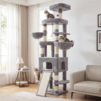 Heybly Cat Tree, 82.7″ Extra Tall Cat Tower for Large Cats Adult HCT063W | Giant Cat Condo with Multi-Level Platforms, 2 Baskets, Spacious Cat Cave, Wide Sisal Scratching Board, Light Gray