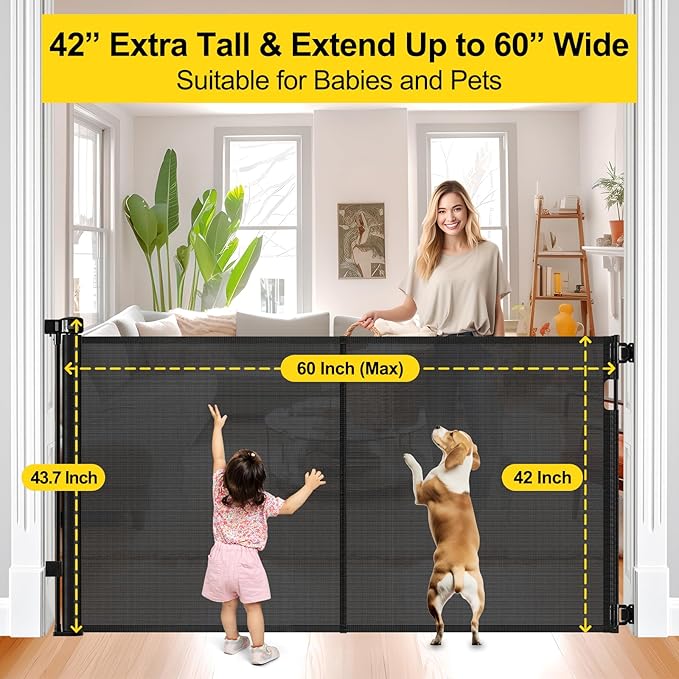 Reinforced 42” Extra Tall Retractable Baby Gates with Rods, Extends up to 60” Wide, Tall Retractable Dog Gate for Doorways Prevent Crawling Through Mesh Pet Gate Indoor Outdoor, Black