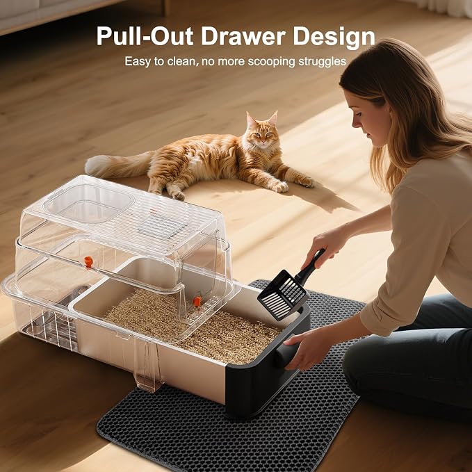 FURTIME Stainless Steel Litter Box with Lid, XL Extra Large Cat Litter Box | Enclosed Drawer Metal Litter Boxs with High Sided, Include Scoop & Mat, Front & Top Entry, Odor Free, Non-Stick