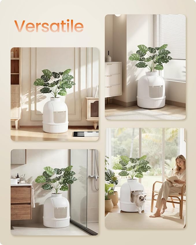 Feandrea Plant Cat Litter Box Enclosure with Artificial Plant, Enclosed Hidden Litter Box Furniture with Door, Carbon Filter, Odor Control, Pebbles, Scoop, Brush, Cloud White UPPT006W101