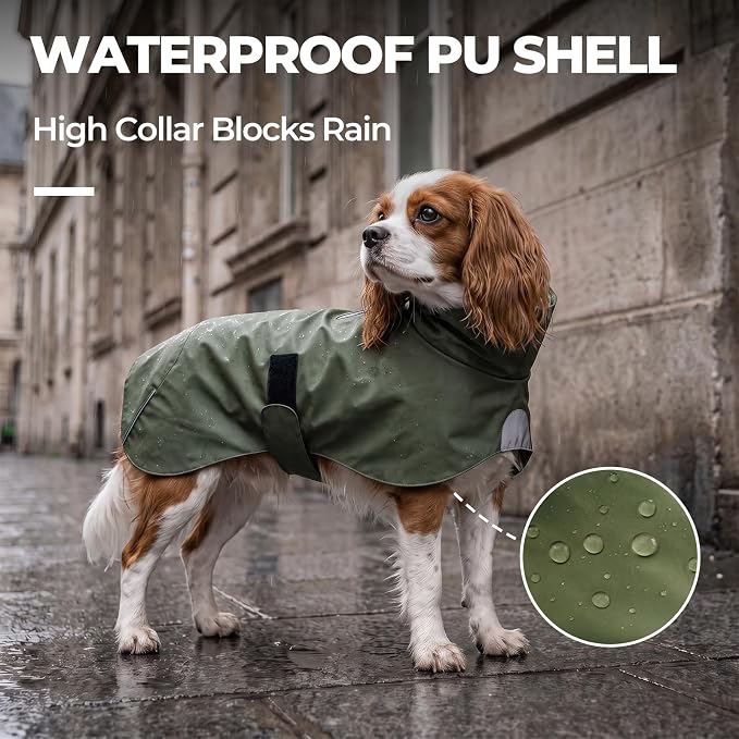 PU Dog Raincoat, Non-Toxic & Odorless Waterproof Vest, Adjustable High Neck and Hook & Loop Belly Closure for Rainy Potty Breaks & Wet Weather Outdoor Walks (Olive Green, X-Small)