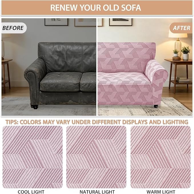 ZNSAYOTX Stretch Couch Covers for 3 Cushion Couch, 1-Piece Sofa Cover Slipcover Pet Friendly, Furniture Protector with Elastic Bottom for Dogs Geometrical Jacquard Fabric (Large, Dusty Pink)