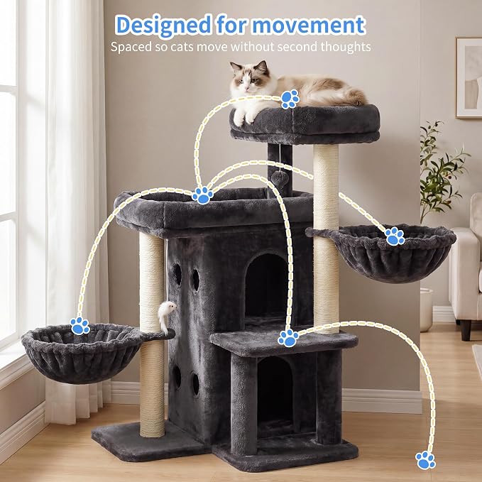 Heybly Cat Tree with Reinforced Big Base, 41.3 in Sturdy Cat Tower HCT075G | Indoor Cat Furniture Featuring 2 Roomy Platforms, Double Condos, 2 Cozy Baskets, Full Sisal Scratching Posts, Smoky Gray
