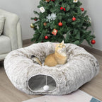 AUOON Plush Cat Tunnel Bed for Indoor Cats, 36" L x 36" W x 11.5" H, Khaki | 2 in-1 Interactive Cat Toy, with Hanging Ball Toy, Machine Washable Center Pad, for Kitten Puppy Rabbit Ferret