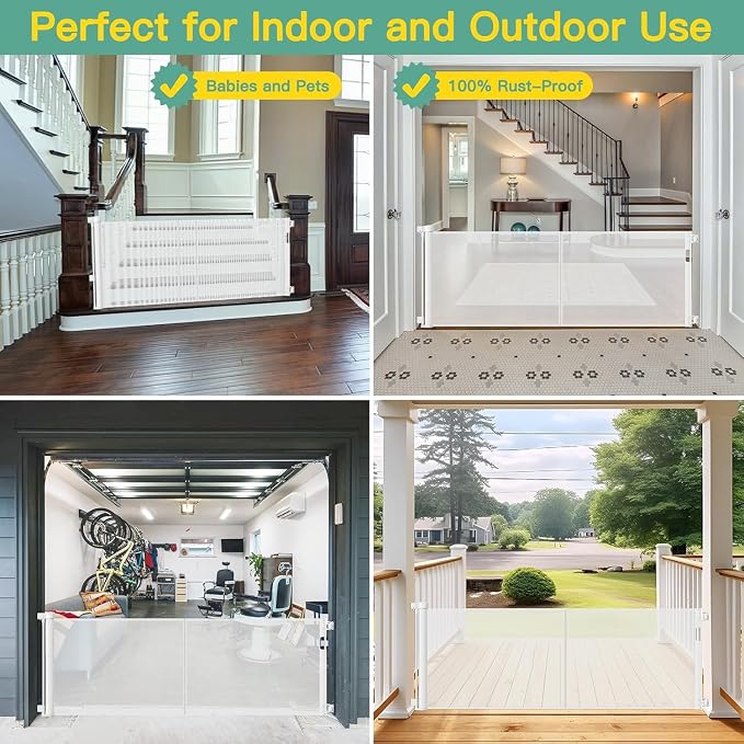 Reinforced 60" Wide Retractable Baby Gate with Reinforced Rods, 5 ft Retractable Dog Gate Indoor/Outdoor Baby Gate Retractable Gate - Bottom Anti-Escape, White | Indoor/Outdoor Retractable Dog Gate, Space-Saving, Easy One-Hand Operation, Scratch-Resist...