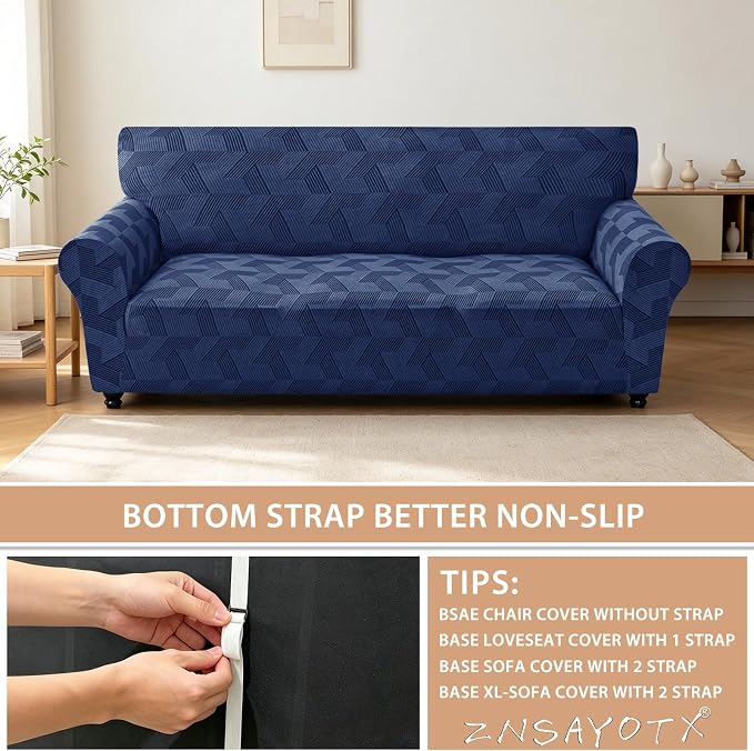 ZNSAYOTX Stretch Couch Covers for 3 Cushion Couch, 1-Piece Sofa Cover Slipcover Pet Friendly, Furniture Protector with Elastic Bottom for Dogs Geometrical Jacquard Fabric (Large, Navy Blue)