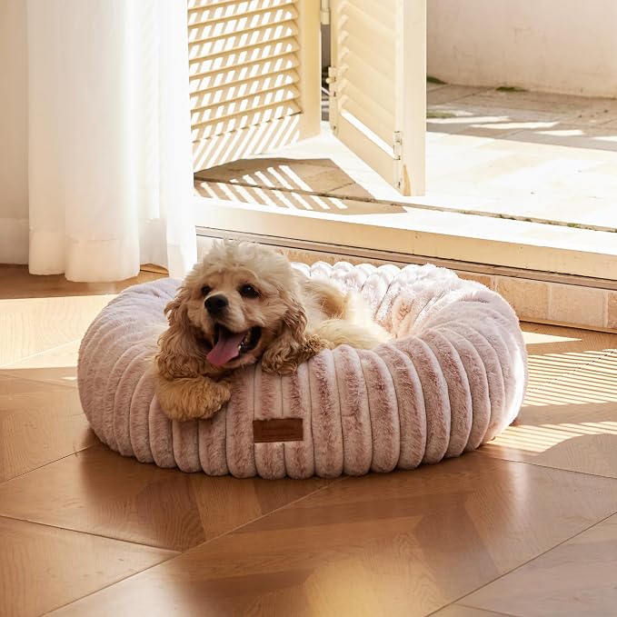 FUKUMARU Small Dog Bed, 25" Orthopedic Dog Bed for Puppies, Donut Cat Beds | Gradient Color Calming Donut Dog Beds for Small Dogs, Round Pet Bed with Washable Cover, Cute Cat Bed for Indoor Cats, Pink