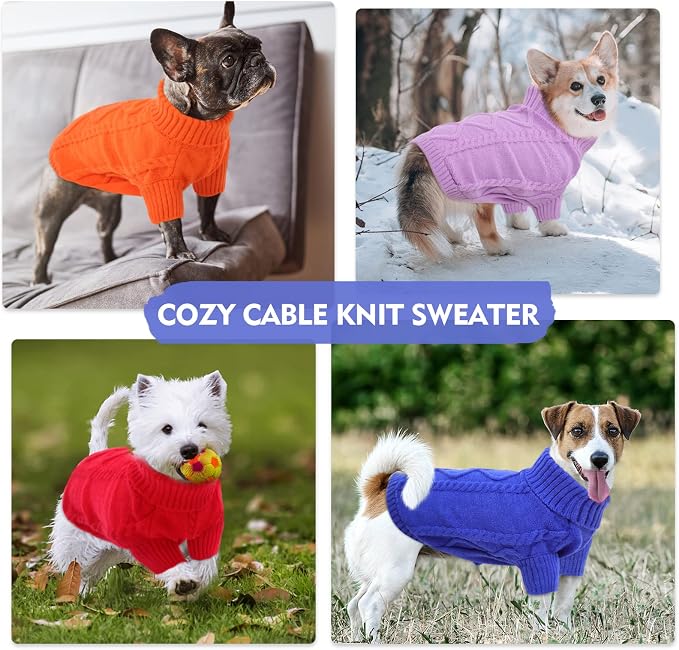 Queenmore Small Dog Pullover Sweater, Cold Weather Cable Knitwear, Classic Turtleneck Thick Warm Clothes for Chihuahua, Bulldog, Dachshund, Pug (Red, Medium)