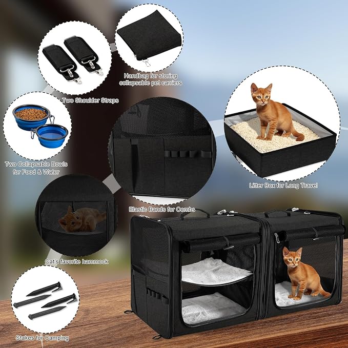 Extra Large Cat Carrier for 2 Cats with Travel Litter Box, 2-in-1 Foldable Soft Pet Car Travel Carrier with Zipper Locks for Multiple Cats Small Dogs Up to 45 Lbs, Black
