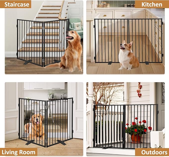 Full Metal Freestanding Dog Gates 2 Panels 32" Tall Up to 48" Wide | Heavy Duty Dog Fence for Indoor & Outdoor, Free Standing Dog Gate No Drilling Pet Barrier for Doorways, Stairs, Deck,Yard