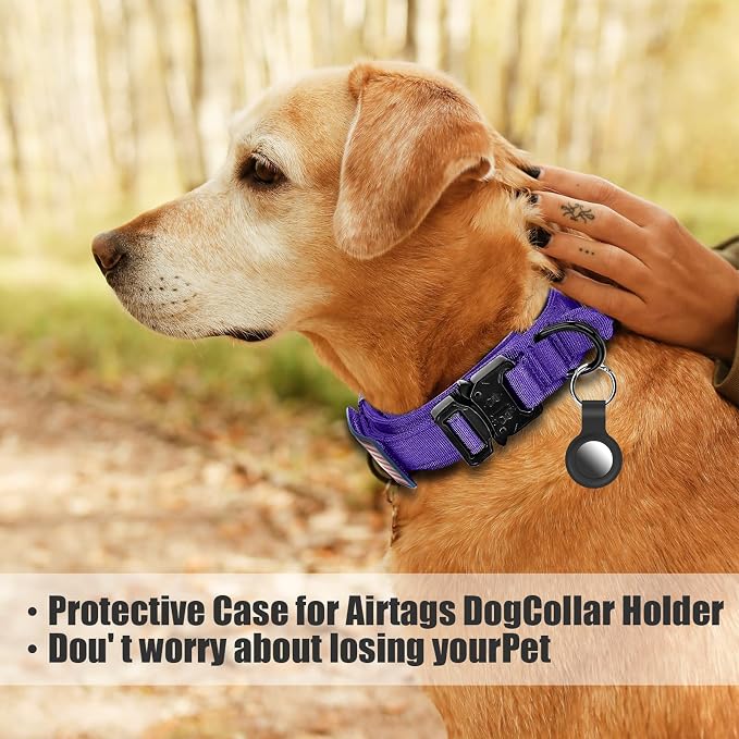 Tactical Military Collar - Adjustable Nylon, Heavy Duty Metal Buckle with Handle for Dog Training, with Patches (Purple, XL)