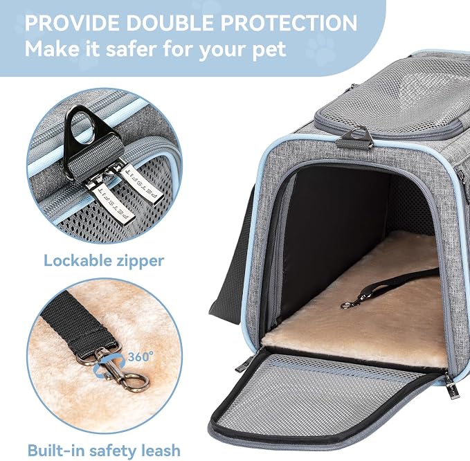 Petsfit Large Expandable Cat Carrier for Travel, Up to 18 lb | 19 x 12 x 12 in; roomy expandable space with a reinforced frame, locking zippers, interior safety tether and large pocket.