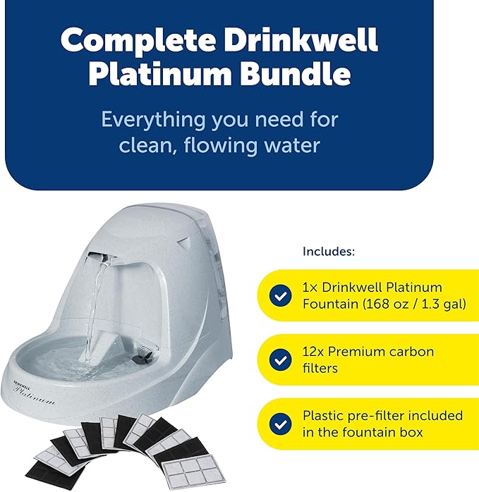 PetSafe Drinkwell Platinum Cat Fountain, Includes 12 Carbon Filters | 168 Oz Capacity, Falling Stream Encourages Drinking, Adjustable Flow, Top-Shelf Dishwasher Safe, 12 Filters Included