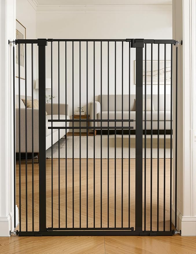No Pawblems 55" Extra Tall Pet Gate, 31.5"-48" Wide Tall Dog Gate, Black | No Drilling Pressure Mounted, 1.37" Bar Spacing, 25.6" Walk-Thru Opening, Auto Close, One-Hand Operation, Dual Lock Design