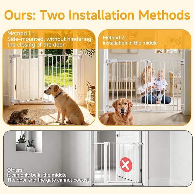 29.7"-45" Baby Gate for Stairs, Metal Pet Dog Gate for Doorways Indoor, 2 Installation Positions, Hardware Mount, 29.1”H Walk Through Safety Child Gate for Kids Toddler, White