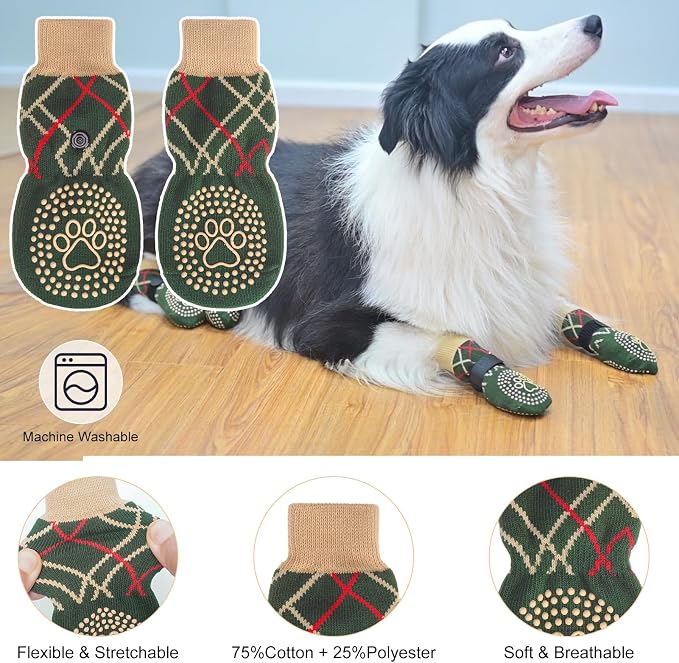 BEAUTYZOO 6PCS Dog Socks to Prevent Licking Paws, Anti Slip Dog Shoes for Hot Pavement Hardwood Floors, Traction Control Toe Grips Boots & Paw Protectors for Small Medium Large Senior Dogs, Green SM