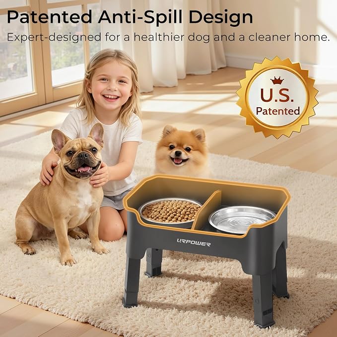 URPOWER Mess Proof Elevated Dog Bowls for Small Dogs with Splash Guard | 4 Height Adjustable Raised Stand with 2 Stainless Steel Food Bowls & Licking Plate for Small, Medium & Large Dogs