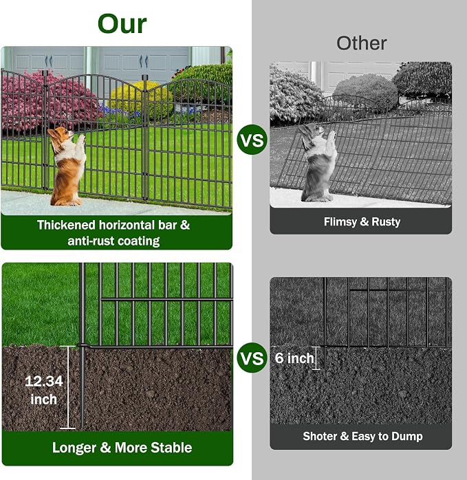 5 Panel No Dig Decorative Garden Fence with Gate 32" H x 11.8'L Dog Barrier | Rustproof welded steel with lock gate, deep stakes for yards, patios. Modular design contains pets, rabbits, small animals.