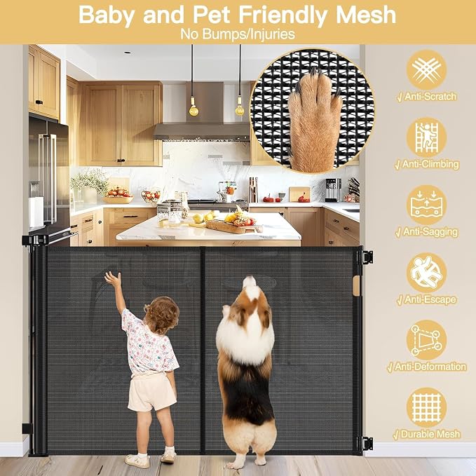 Reinforced 42" Tall Pet Gate 55" Wide Retractable Baby Gate, Indoor/Outdoor | Tall Retractable Dog Gate Prevents Crawling Under, One-Hand Operation Safety Lock, Scratch-Resistant Mesh, Easy Install/Black