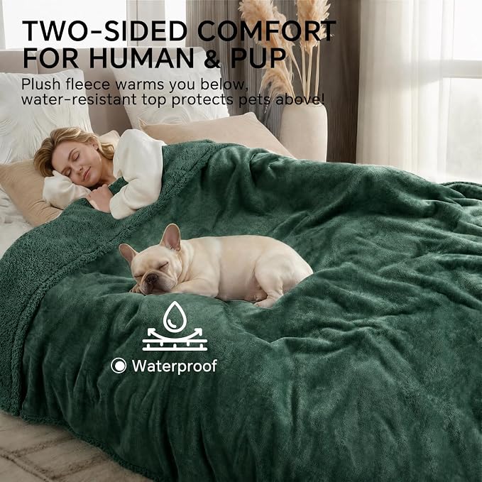 Luciphia Waterproof Blanket for Large Dog, Reversible Sherpa Couch Cover | waterproof pet blanket sherpa fleece reversible couch cover bed protector car from spills scratches, Dark Green 85" x 57"