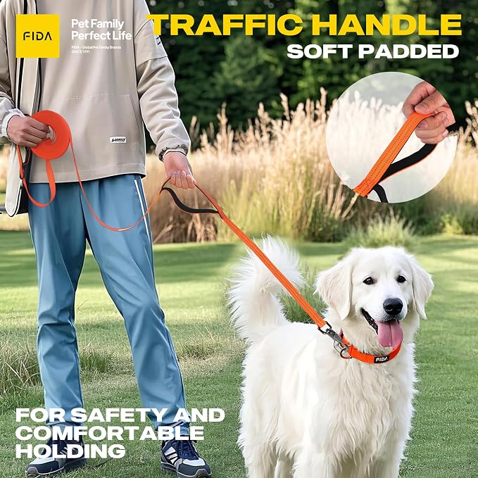 Fida Obedience Recall Training Agility Lead, 50FT Long Dog Leash, Orange | 33FT & 50FT, Traffic Handle, Soft Padded, Reflective for Night Safety, Durable Nylon Dog leash for Small Medium Large Breeds