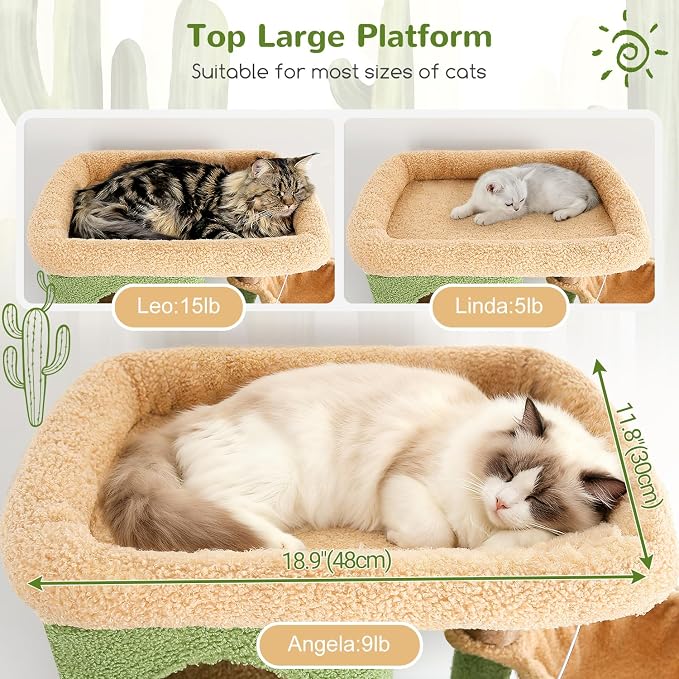 Globlazer F66 Cactus Corner Cat Tree, 66in Multi-Level Climbing Tower | Kitty Condos Cat Scratching Tower for Indoor Multiple Cats with Large Platform, 3 Cat Caves, Hanging Basket