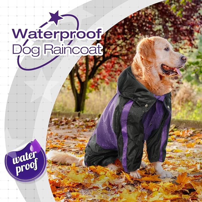 Dog Raincoat, 4 Leg Waterproof Dog Rain Jacket with Hood, Purple S | Rain Coat For Small Dogs, Doggy Poncho With Leash Hole, Snap Buttons, For Rainy Snowy Weather Walks, Hiking, Camping