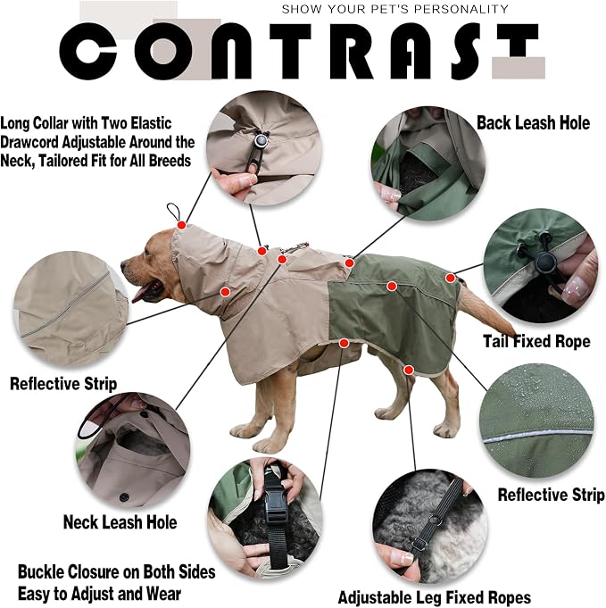 MAMORE Dog Raincoat, Waterproof Rain Jacket for Small Medium Large Dogs, Windproof Reflective Adjustable Breathable Pet Rain Coat with Storage Pocket and Leash Holes (Tan Green, Small)
