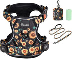 Petmolico No Pull Dog Harness Set with Leash Attachment Easy Control Handle Reflective Harness Vest Small Breed, Puppy Vest and Leash Set with Poop Bag Holder, Large - Sunflower