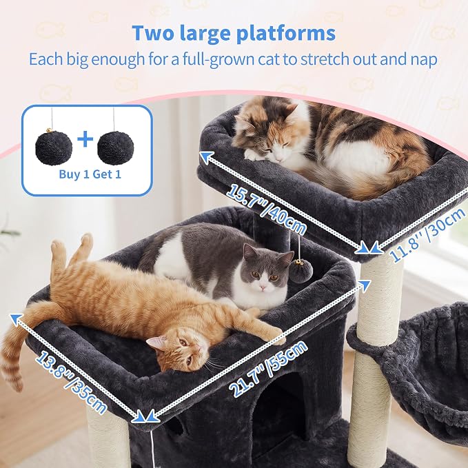 Heybly Cat Tree with Reinforced Big Base, 41.3 in Sturdy Cat Tower HCT075G | Indoor Cat Furniture Featuring 2 Roomy Platforms, Double Condos, 2 Cozy Baskets, Full Sisal Scratching Posts, Smoky Gray