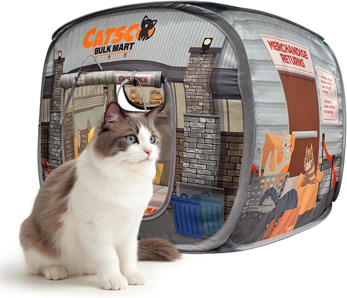 Cat House & Tent for Indoor Cats – Pop-Up Cat Tent House with Catnip Toy, Shopping Mart Theme for Cats & Kittens, Catsco Bulkmart