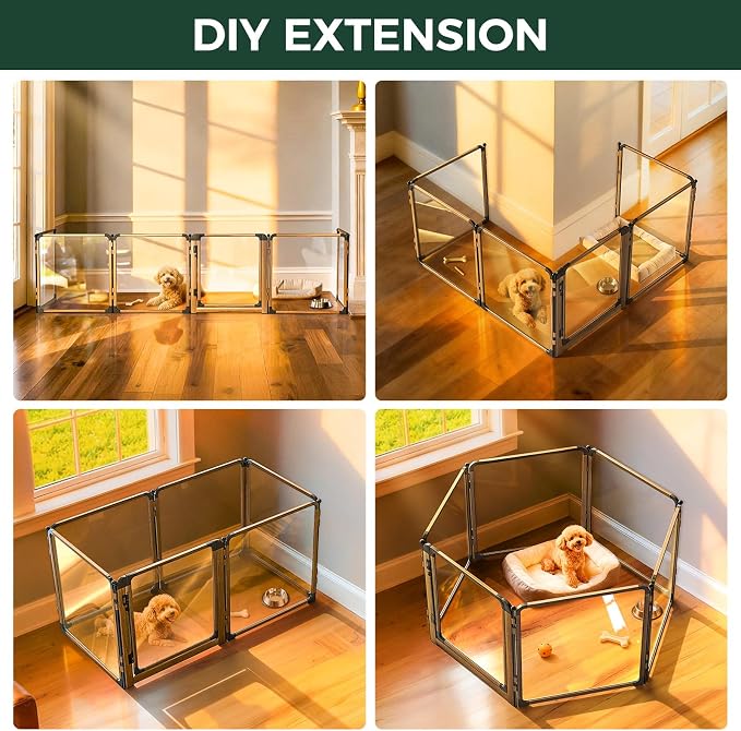 FXW AuraSpace Pro Clear Acrylic Indoor Dog Playpen, 24" H, 6 Panels | Open View, No Climbing Bars, Heavy-duty Metal, DIY Layouts, Easy Access, For Puppies & Small Dogs, Patented