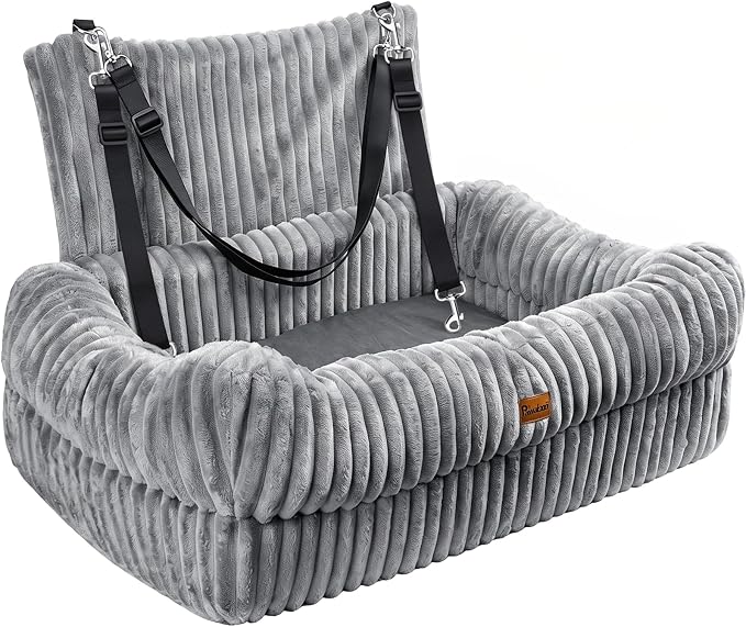 Pawaboo Dog Car Seat Bed, Memory Foam Booster for Medium/Large Dogs, Gray | Rear-seat pet travel bed with washable cover, safety leashes, thick cushion, and room for 2 small dogs