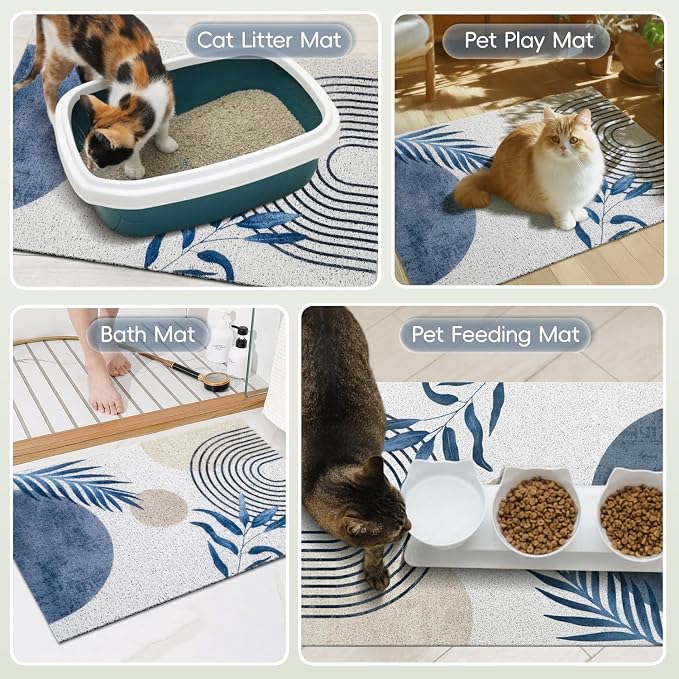 Cat Litter Mat Litter Trapping Mat, 40"x30" Waterproof Urine Proof Litter Box Mat Catcher Mat Non-Slip Washable for Kitty Kitten, Blue