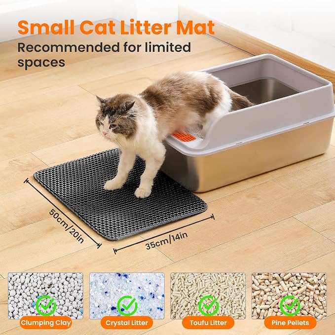 Small Cat Litter Mat, Double Layer Honeycomb Litter Box Mat | 20x14”, Reduces Litter Tracking, Waterproof, Non-Slip, Soft on Paws, Scratch Resistant, Easy to Clean, Black