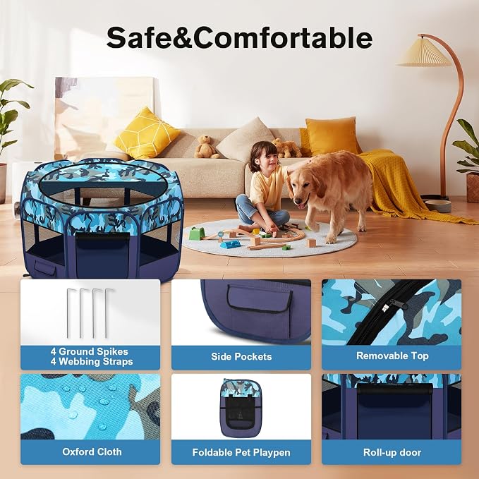 Pop Up Pet Playpen and Whelping Box, 48 x 48 x 24 in, Navy Blue | 48 x 48 x 24 in for pets up to 50 lb; waterproof 600D Oxford base, locking zippers, shade top, carry bag, and 16 oz bowl.