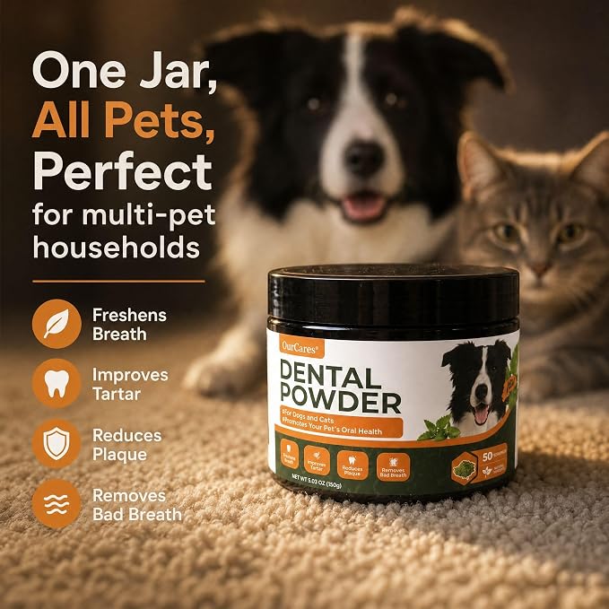 Dog & Cat Dental Powder for Plaque, Tartar & Fresh Breath 150g | Sprinkle-on dental powder with kelp, probiotics & zinc. No brushing needed for plaque, tartar & fresh breath. Mint flavor.
