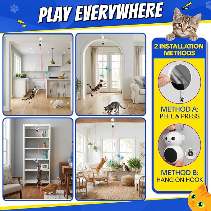 Interactive Cat Toys for Indoor Cats, Automatic Moving Toy with Flying Bird | Catpick toy Doorway Hanging Feather Toys for Bored Kitten & Adult Cat, Wand Toy for Exercise &Enrichment, Rechargeable, White