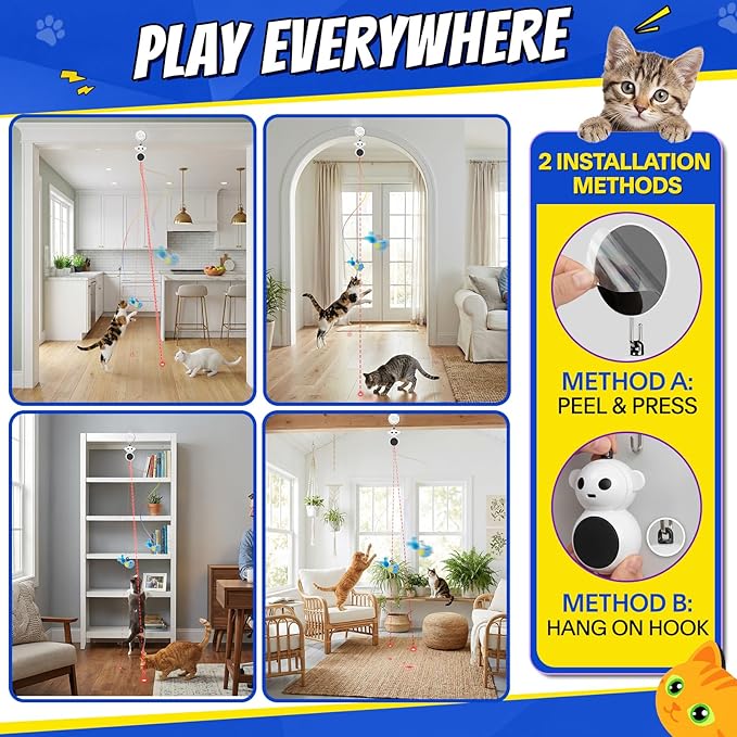 Automatic Laser Cat Toys, Flying Bird Feather Cat Wand Toy for Bored Kitten | Catpick toy Interactive Doorway Toys with Hanging Feather Bird for Exercise& Enrichment, for Indoor Adult Cat, Pear White
