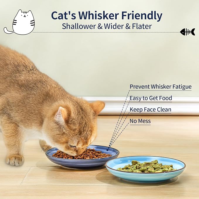 Selamica Ceramic Cat Bowls, 6 Inch Cat Food Bowl Whisker Friendly, Shallow Wide Kitten Plates for Food and Water, Set of 4, Gradient Blue
