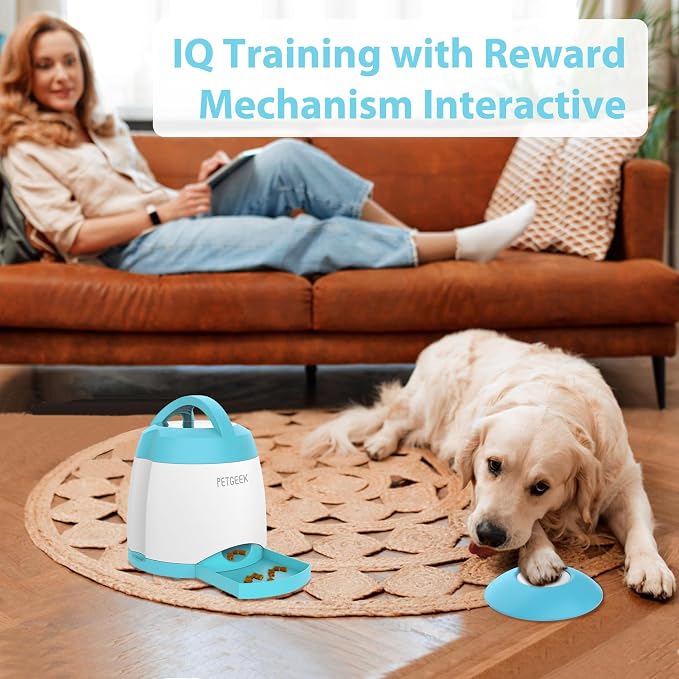 PETGEEK Automatic Dog Treat Dispenser, Puzzle Memory Training Activity Toy- IQ Training Dog Button Feeder, Remote Button Treat Dispenser for Dogs (Upgrade Blue)