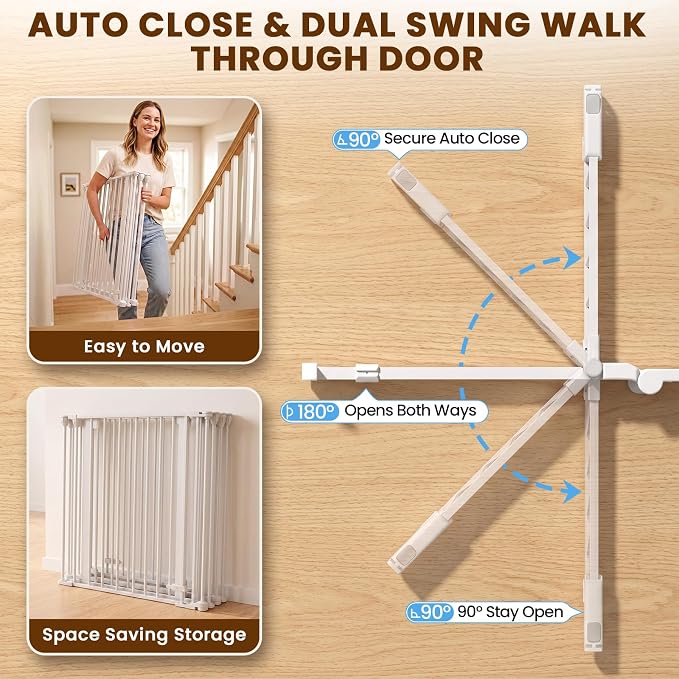 Mumeasy 150" Extra Wide Baby Gate, Play Yard Long Dog Gate for Doorways | Pet Gate Auto Close Walk Thru Door, Adjustable Large Child Safety Fence Gate for House Fireplace Outdoor,6 Metal Panels,White