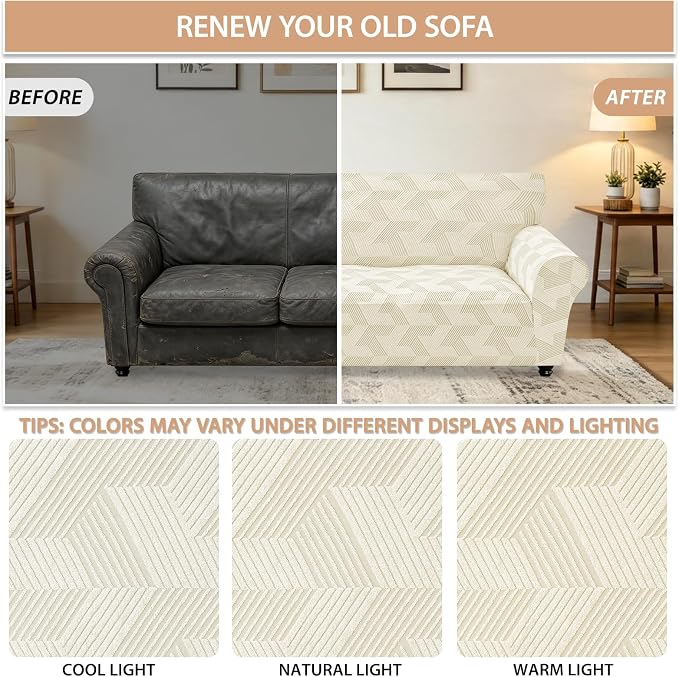 ZNSAYOTX Stretch Oversized Couch Covers for 3 Cushion Couch, 1-Piece Extra Large Sofa Cover Slipcover, Furniture Protector with Elastic Bottom Geometrical Jacquard Fabric (X-Large, Beige)