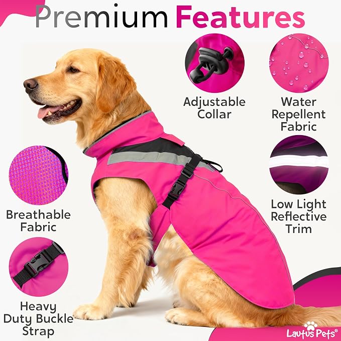Waterproof Dog Rain Coat, Reflective Safety Strips & Leash Hole – Lightweight Adjustable Jacket for Medium Breeds - XL, Pink