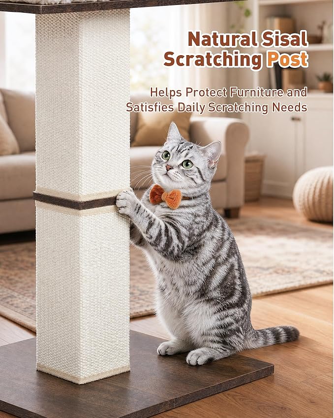 Retro Cat Scratching Post with Top Perch Bed for Indoor Cats | Removable & Washable Cushion, Small Morden Cat Tree, Cat Tower with Scratch Post, Natural Sisal, Retro-Style