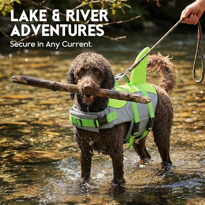 ASENKU Dog Life Jacket - Pet Safety Vest for Swimming & Boating, Shark Life Jacket with Floatation, Dog Lifesavers Swimsuits for Small Medium Large Dogs (Green, S)
