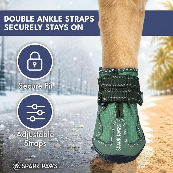 Spark Paws 365 Dog Shoes - All-Season Boots for Winter Snow & Hot Pavement | Water-resistant, anti-slip, stay-on straps - rain, ice & summer booties in one. Reflective; small, medium & large dogs