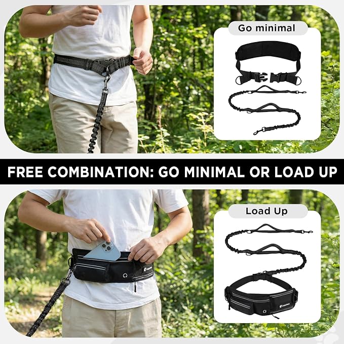 Hands Free Dog Leash with Waist Pack Bungee for Running Black | 4 Metal Clips, Reflective Stitching, Shock Absorbing Bungee, Adjustable Waist Belt, 28 to 48 Inch Fit, Zippered Pockets