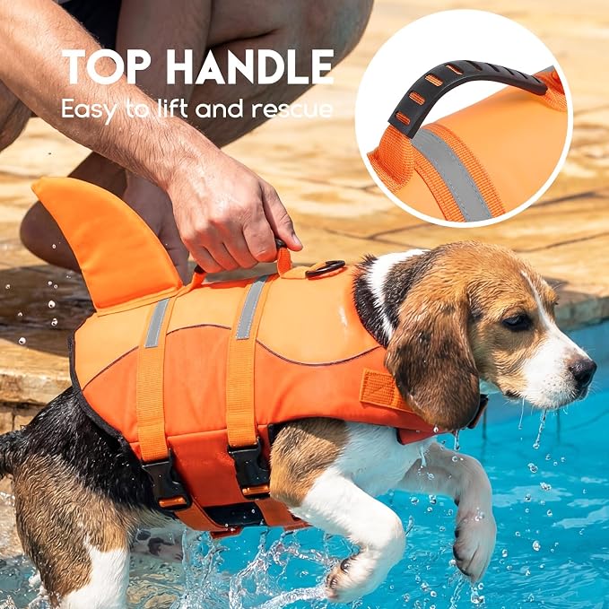 ASENKU Dog Life Jacket - Pet Safety Vest for Swimming & Boating, Shark Life Jacket with Floatation, Dog Lifesavers Swimsuits for Small Medium Large Dogs (OrangeMix, 2XL)